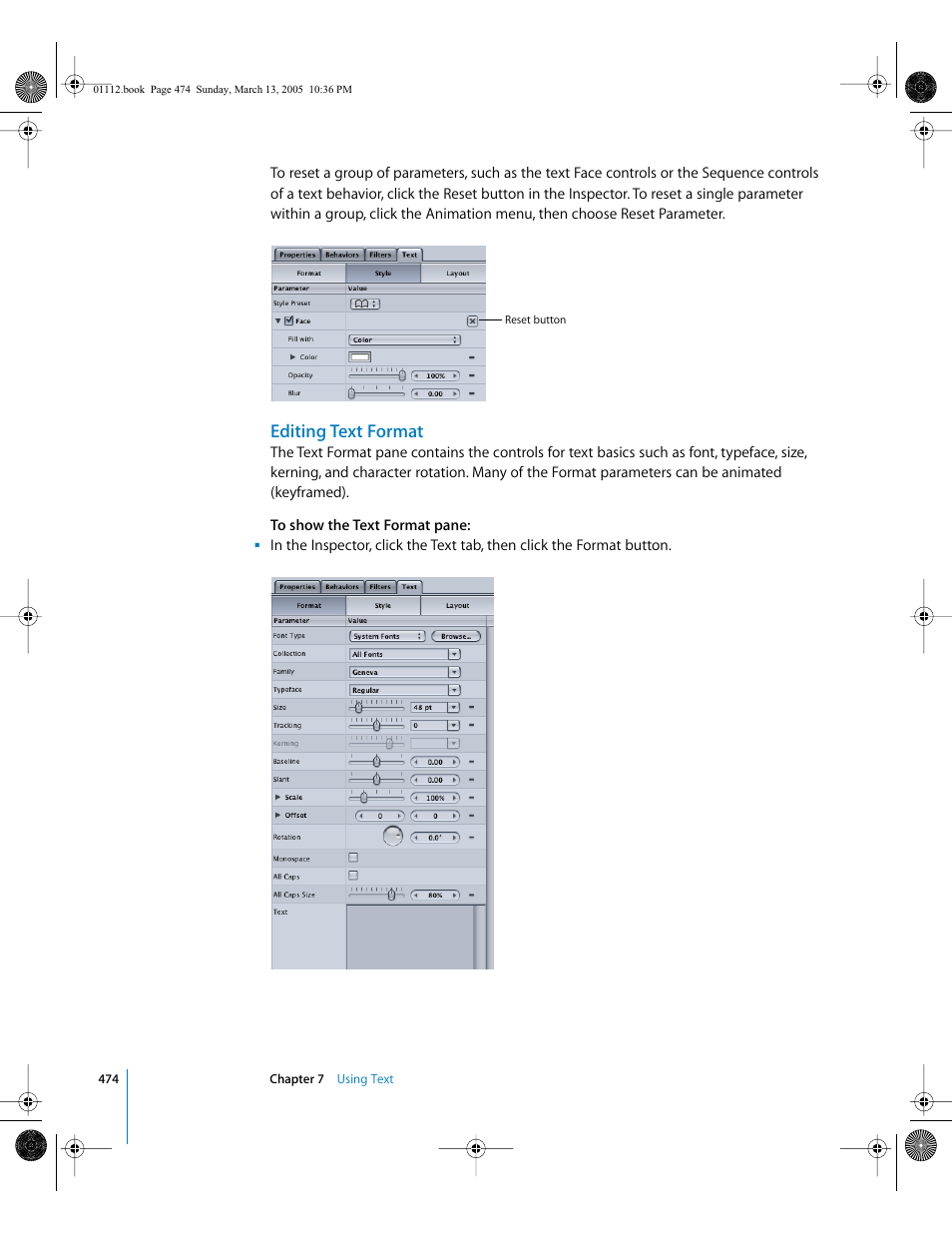 Editing text format, Editing, Text format | Apple Motion 2 User Manual | Page 474 / 999
