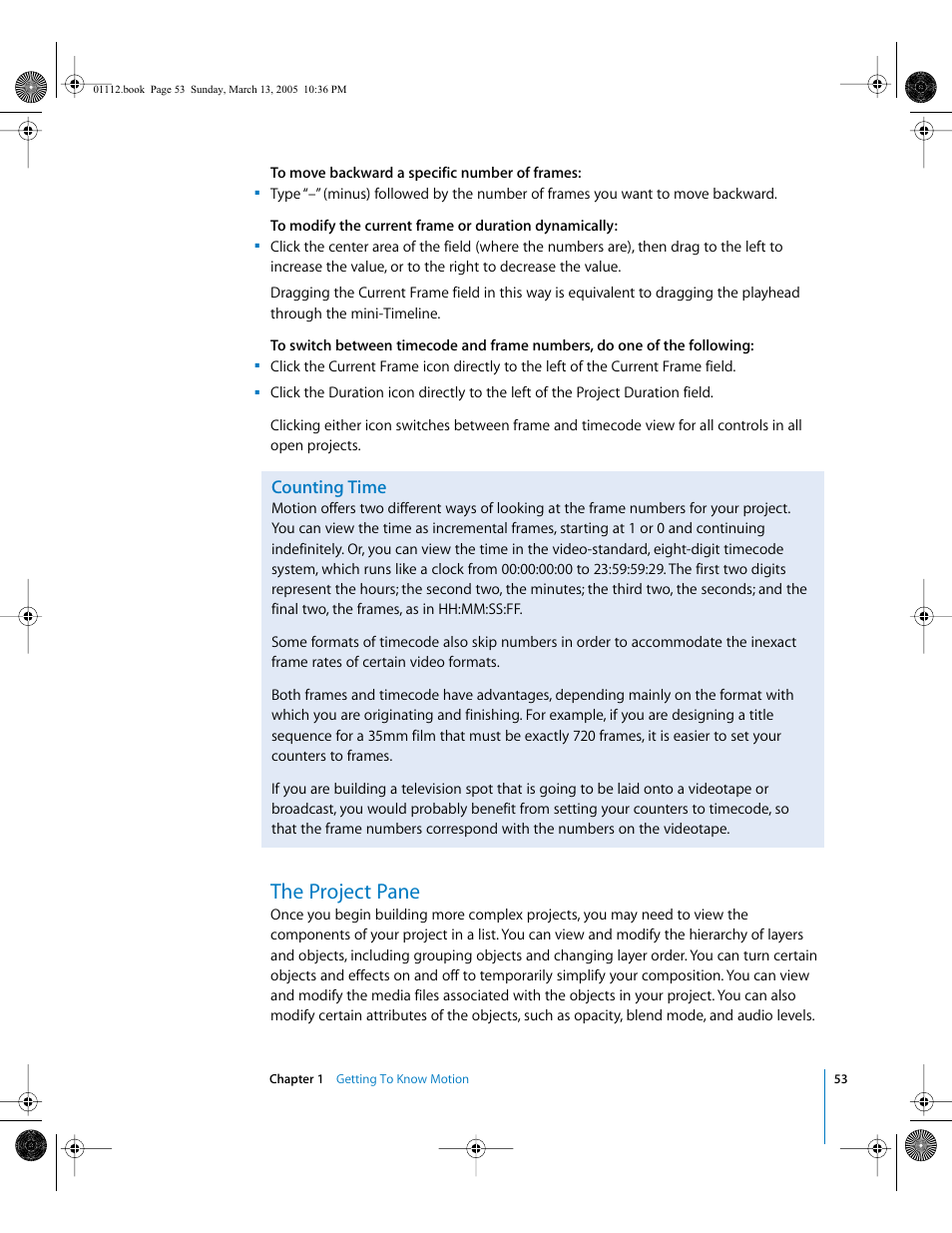 Counting time, The project pane | Apple Motion 2 User Manual | Page 53 / 999