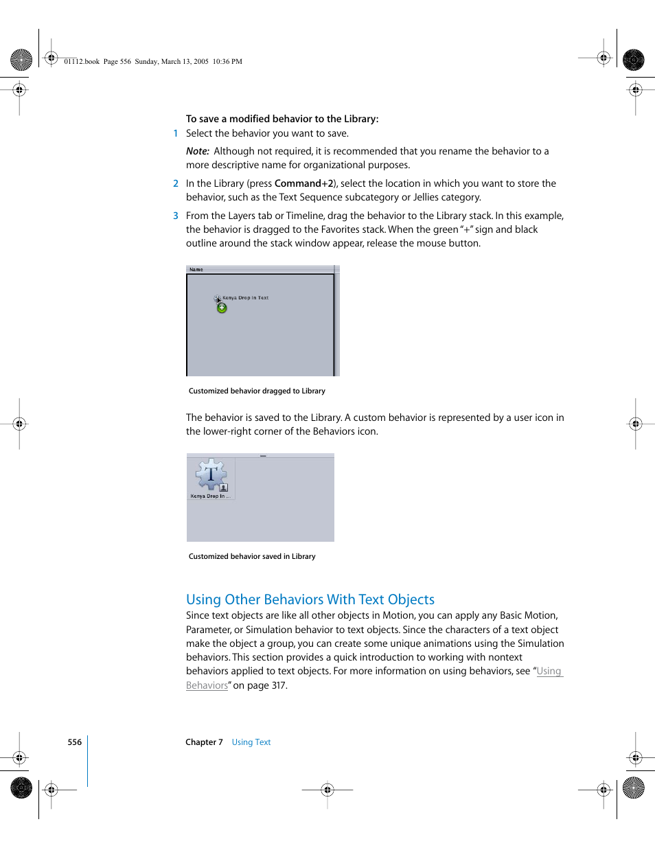 Using other behaviors with text objects, Using other behaviors with text, Objects | Apple Motion 2 User Manual | Page 556 / 999