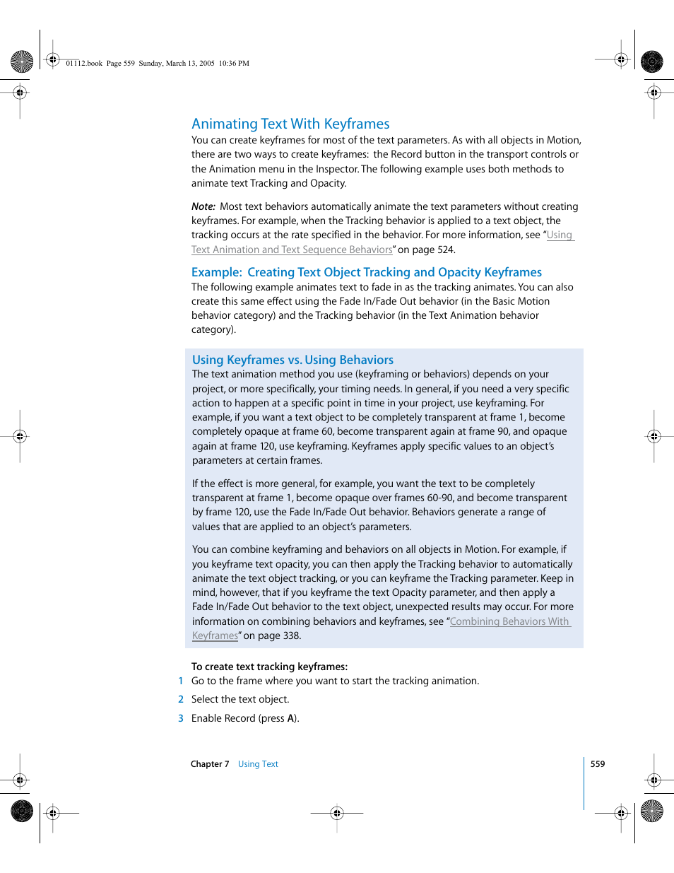 Animating text with keyframes, Using keyframes vs. using behaviors | Apple Motion 2 User Manual | Page 559 / 999
