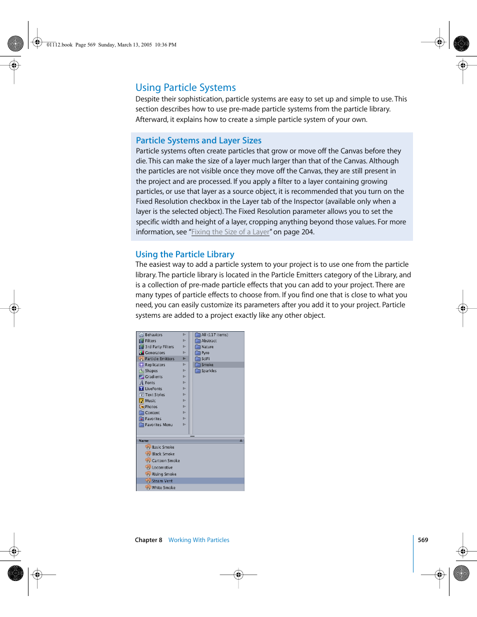 Using particle systems, Particle systems and layer sizes, Using the particle library | Apple Motion 2 User Manual | Page 569 / 999