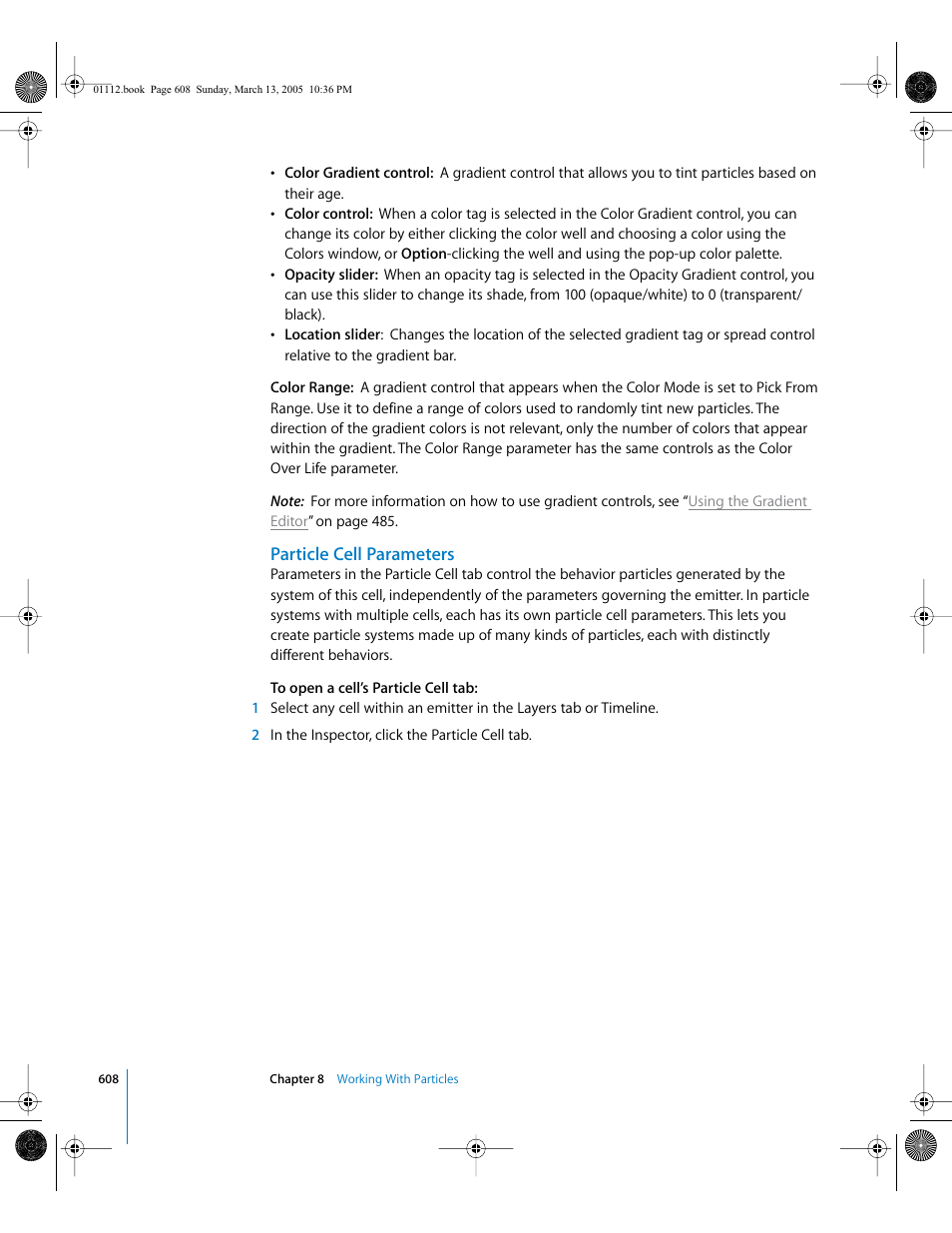 Particle cell parameters, Particle cell, Parameters | Apple Motion 2 User Manual | Page 608 / 999