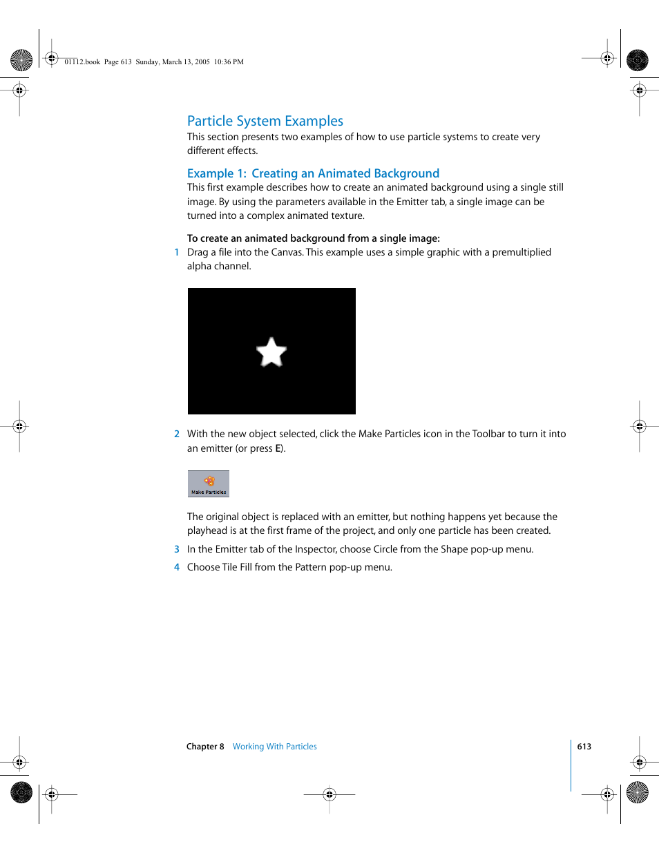 Particle system examples, Example 1:creating an animated background | Apple Motion 2 User Manual | Page 613 / 999