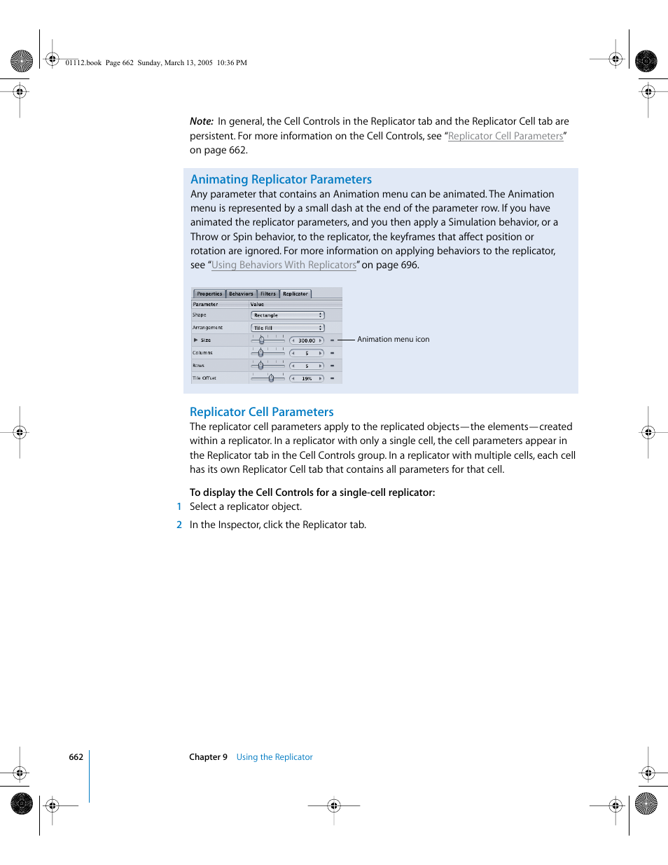 Animating replicator parameters, Replicator cell parameters | Apple Motion 2 User Manual | Page 662 / 999