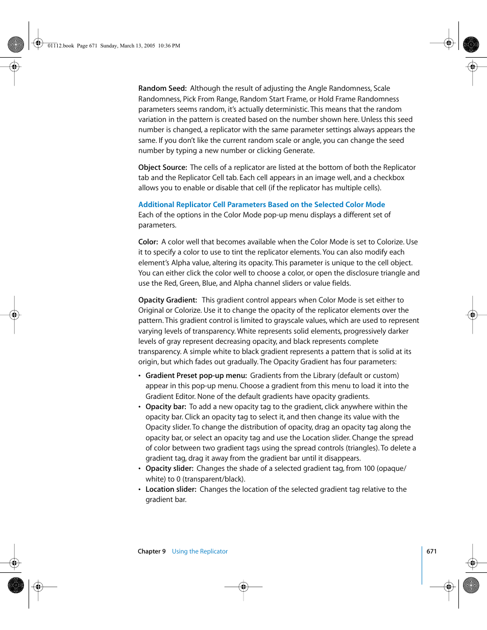 Additional replicator, Cell parameters based on the selected color mode | Apple Motion 2 User Manual | Page 671 / 999