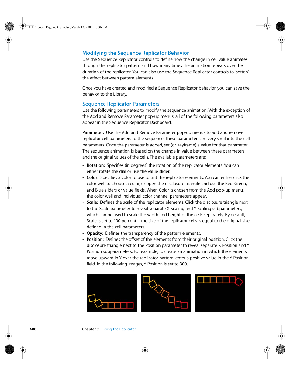 Modifying the sequence replicator behavior, Sequence replicator parameters, Sequence replicator | Parameters | Apple Motion 2 User Manual | Page 688 / 999
