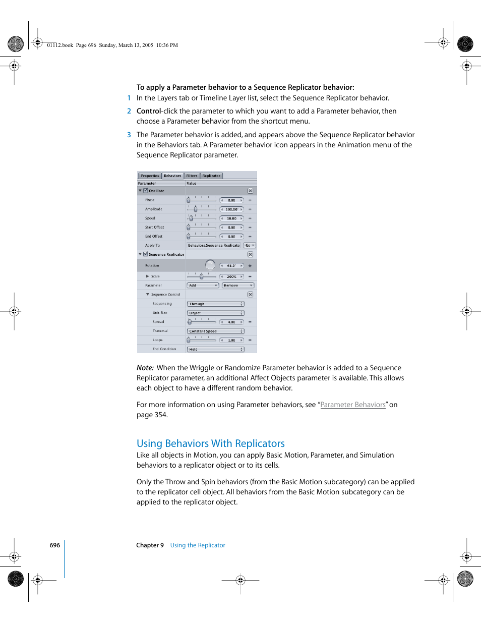 Using behaviors with replicators, Using behaviors with, Replicators | Apple Motion 2 User Manual | Page 696 / 999