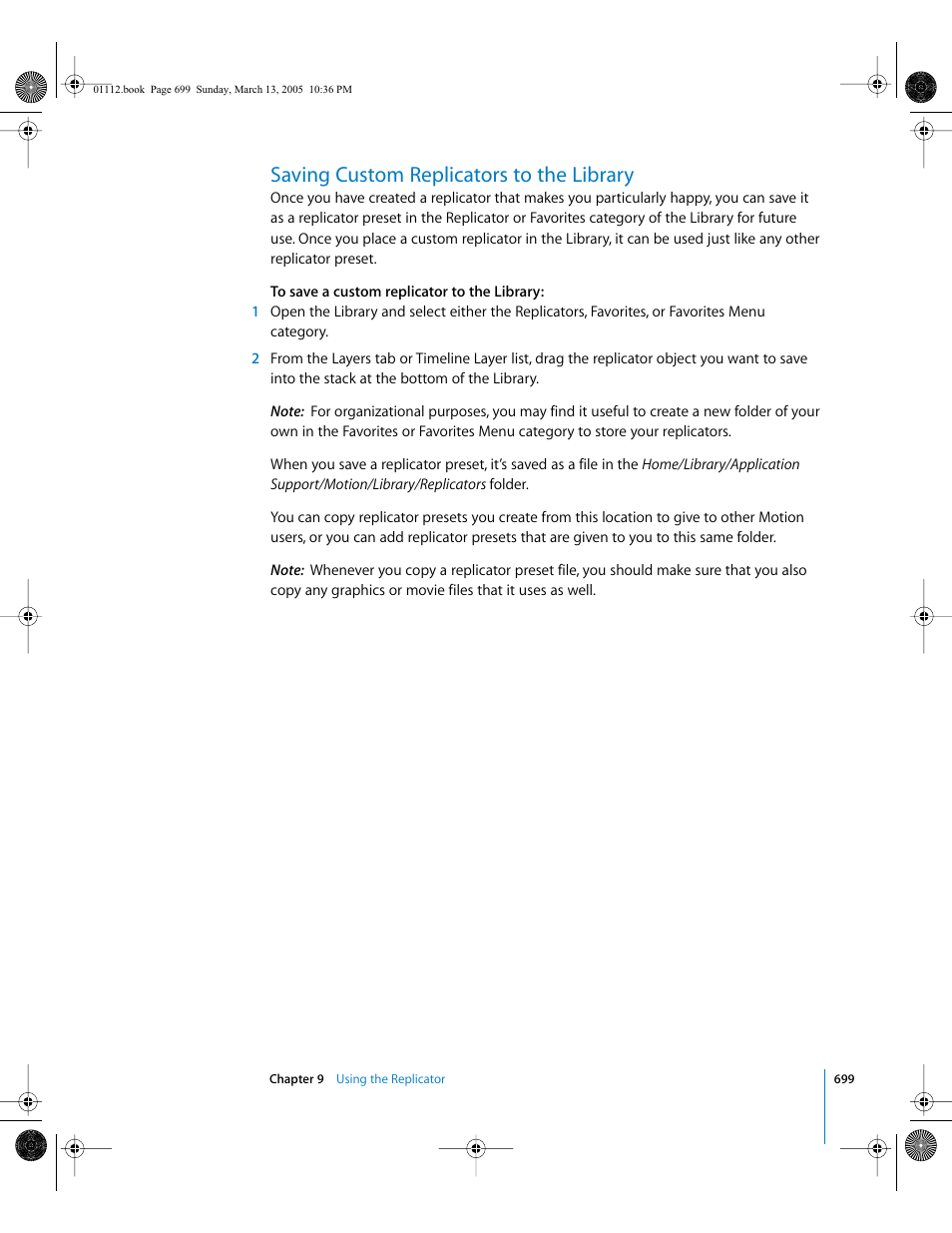 Saving custom replicators to the library, Saving custom replicators, To the library | Apple Motion 2 User Manual | Page 699 / 999