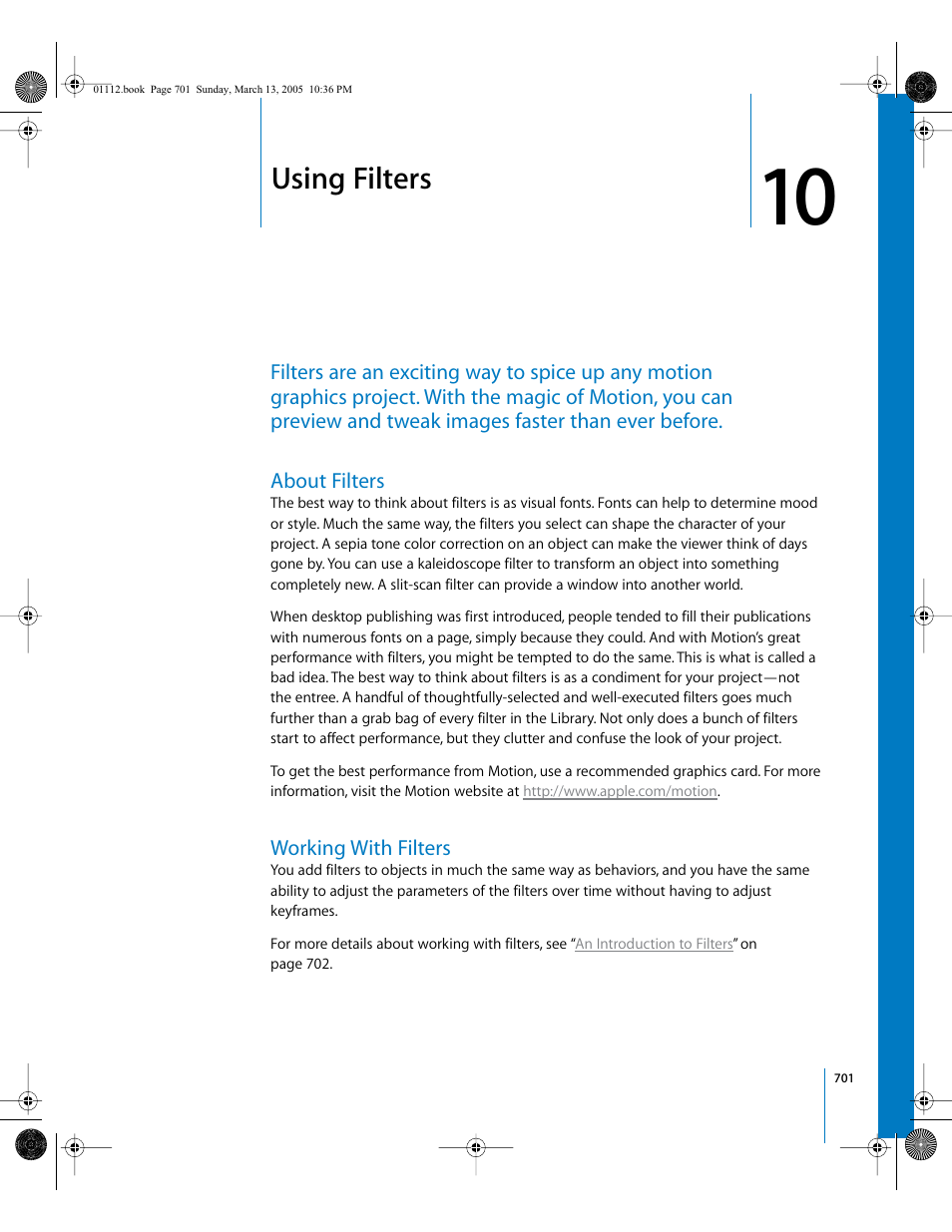 Using filters, About filters, Working with filters | Chapter | Apple Motion 2 User Manual | Page 701 / 999