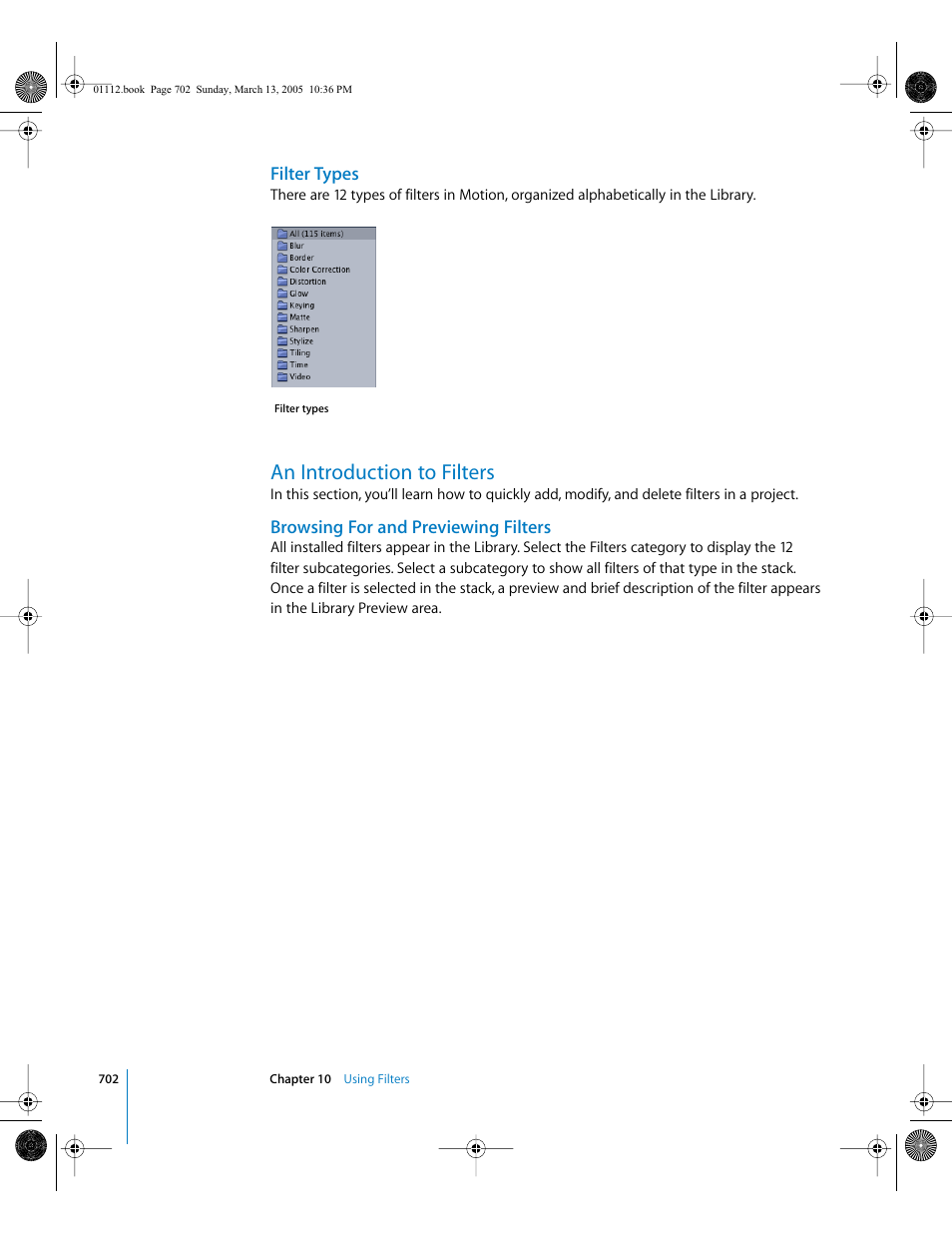 Filter types, An introduction to filters, Browsing for and previewing filters | Apple Motion 2 User Manual | Page 702 / 999