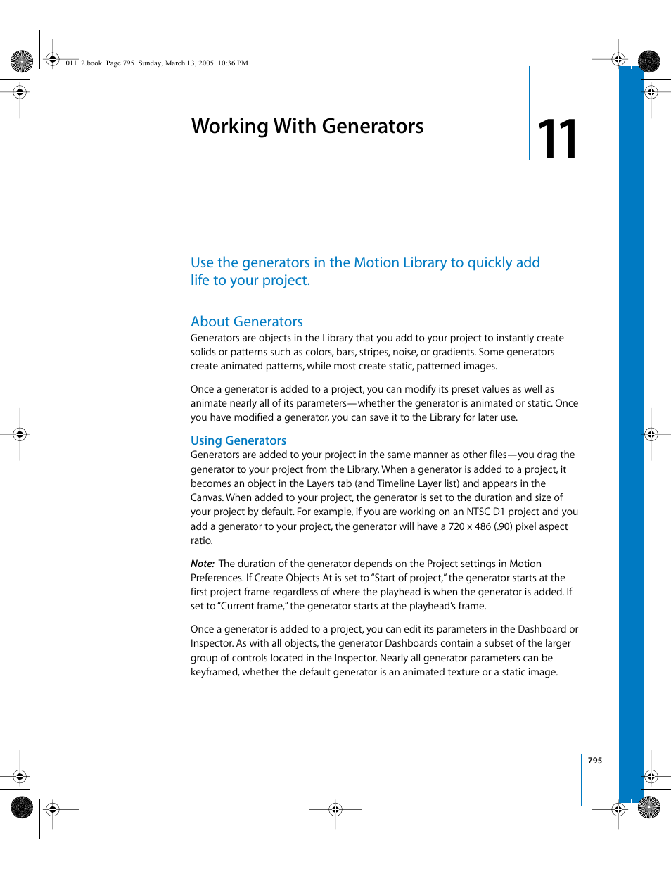Working with generators, About generators, Using generators | Chapter, Working with, Generators | Apple Motion 2 User Manual | Page 795 / 999