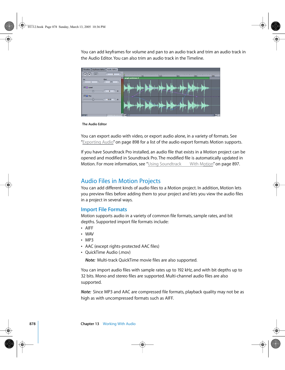 Audio files in motion projects, Import file formats | Apple Motion 2 User Manual | Page 878 / 999