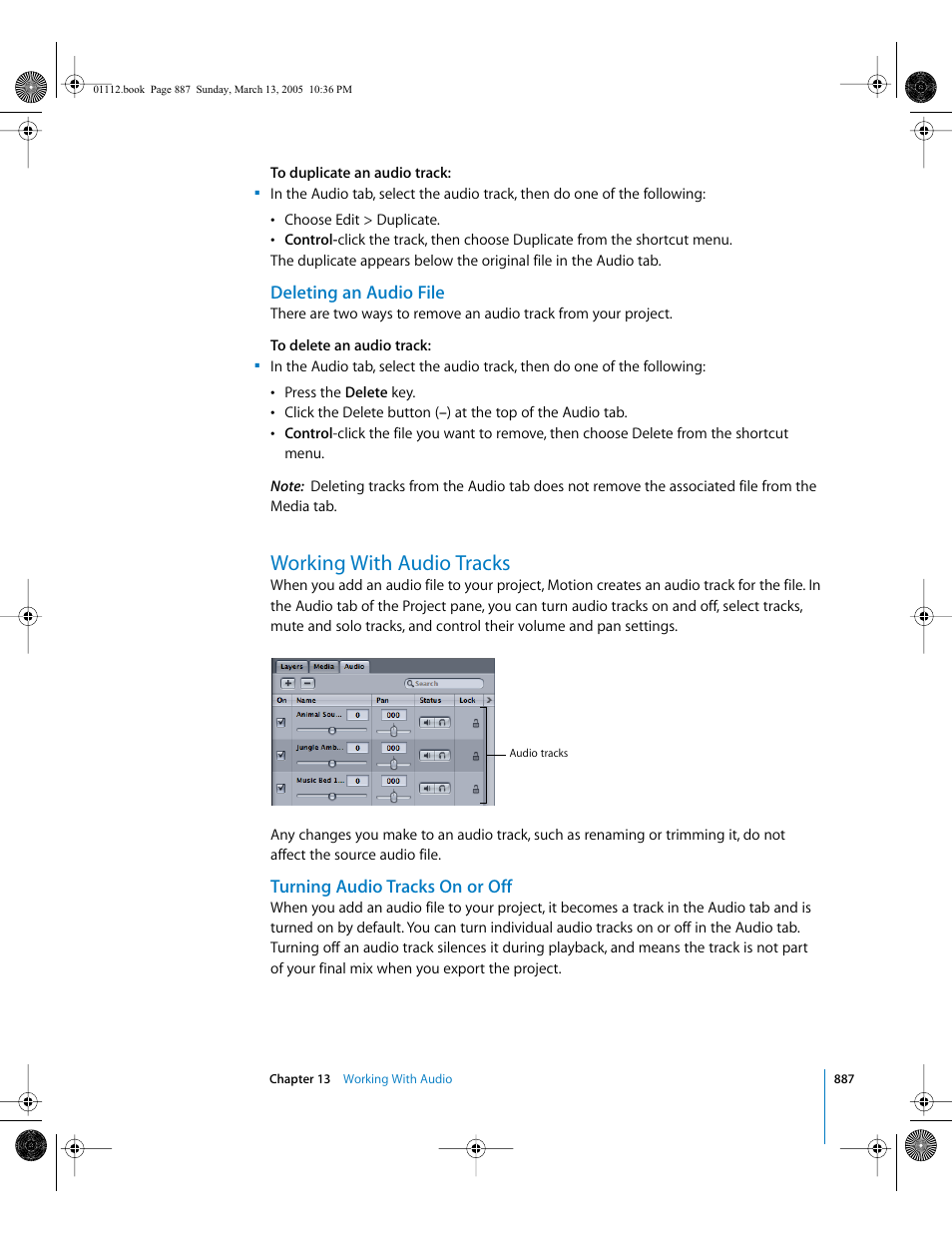 Deleting an audio file, Working with audio tracks, Turning audio tracks on or off | Apple Motion 2 User Manual | Page 887 / 999