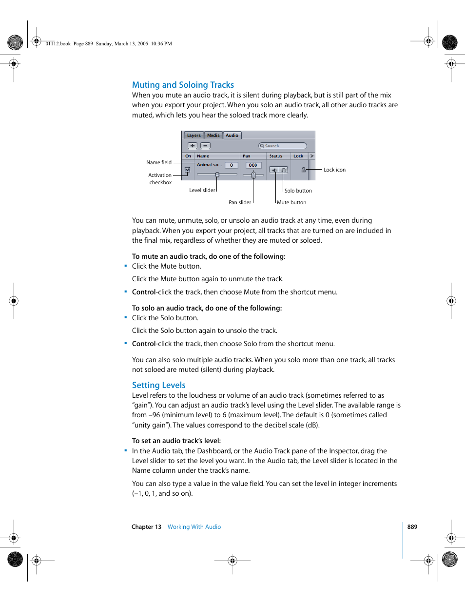 Muting and soloing tracks, Setting levels | Apple Motion 2 User Manual | Page 889 / 999