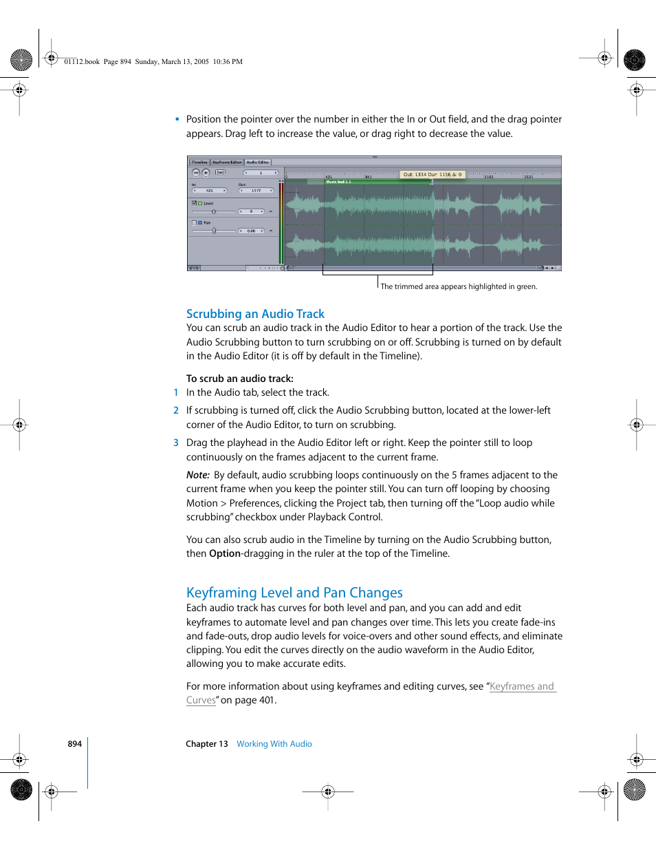 Scrubbing an audio track, Keyframing level and pan changes | Apple Motion 2 User Manual | Page 894 / 999