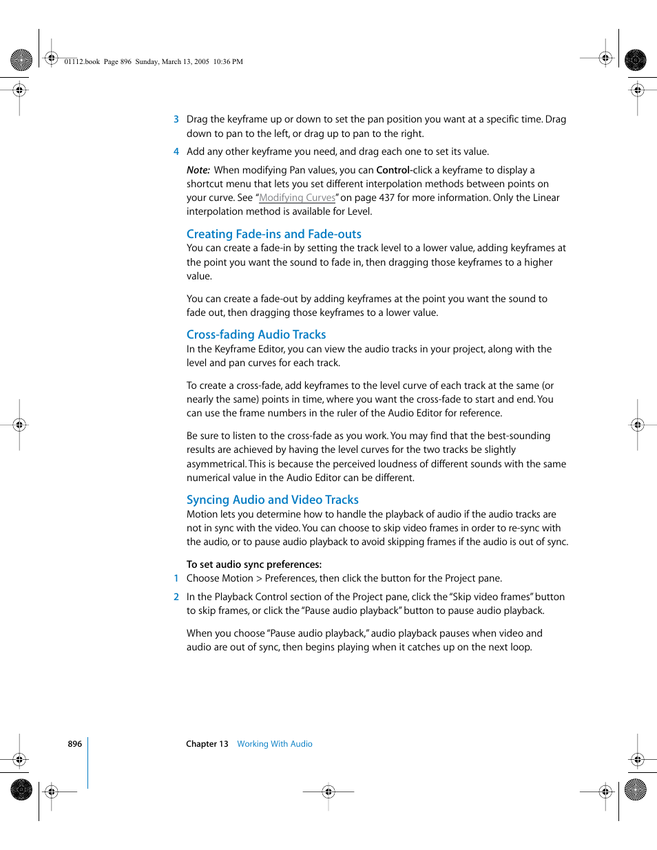 Creating fade-ins and fade-outs, Cross-fading audio tracks, Syncing audio and video tracks | Apple Motion 2 User Manual | Page 896 / 999