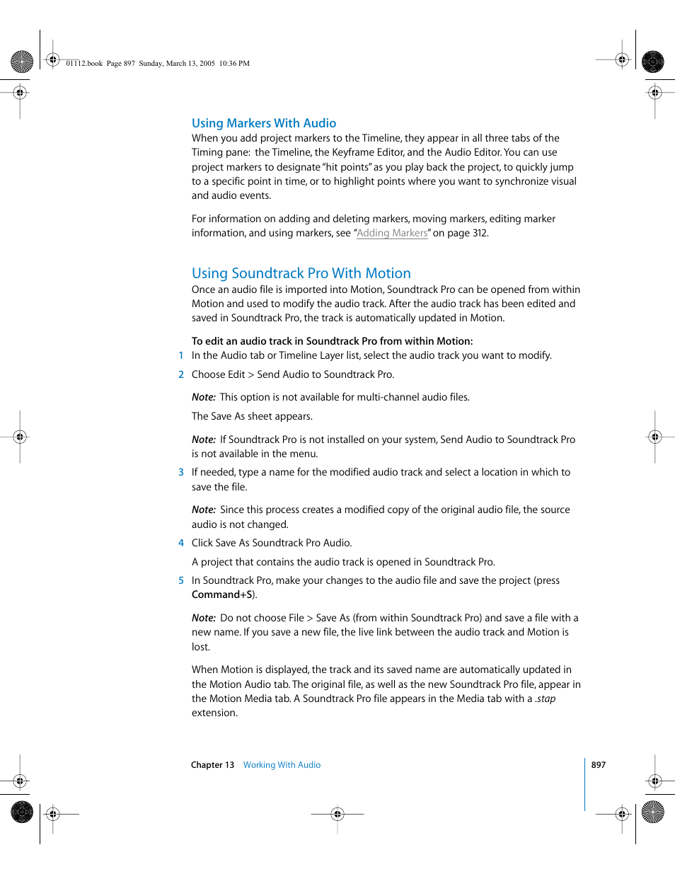 Using markers with audio, Using soundtrack pro with motion, Using soundtrack | Pro with motion | Apple Motion 2 User Manual | Page 897 / 999