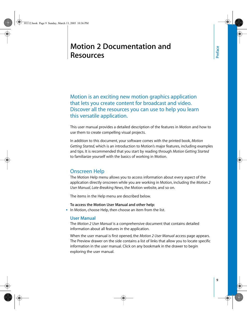 Motion 2 documentation and resources, Onscreen help, User manual | Preface | Apple Motion 2 User Manual | Page 9 / 999