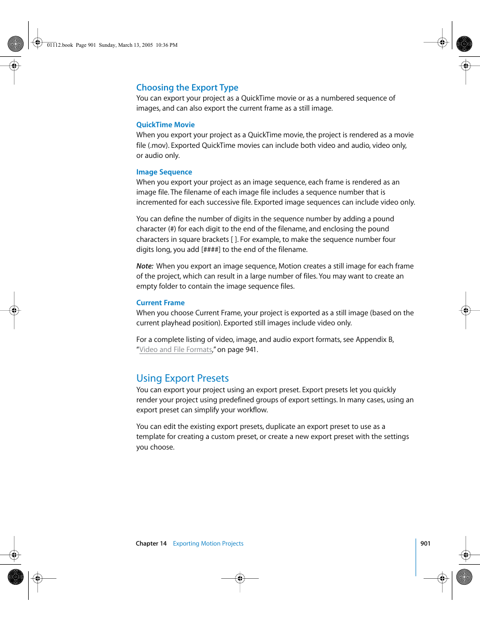 Choosing the export type, Using export presets | Apple Motion 2 User Manual | Page 901 / 999