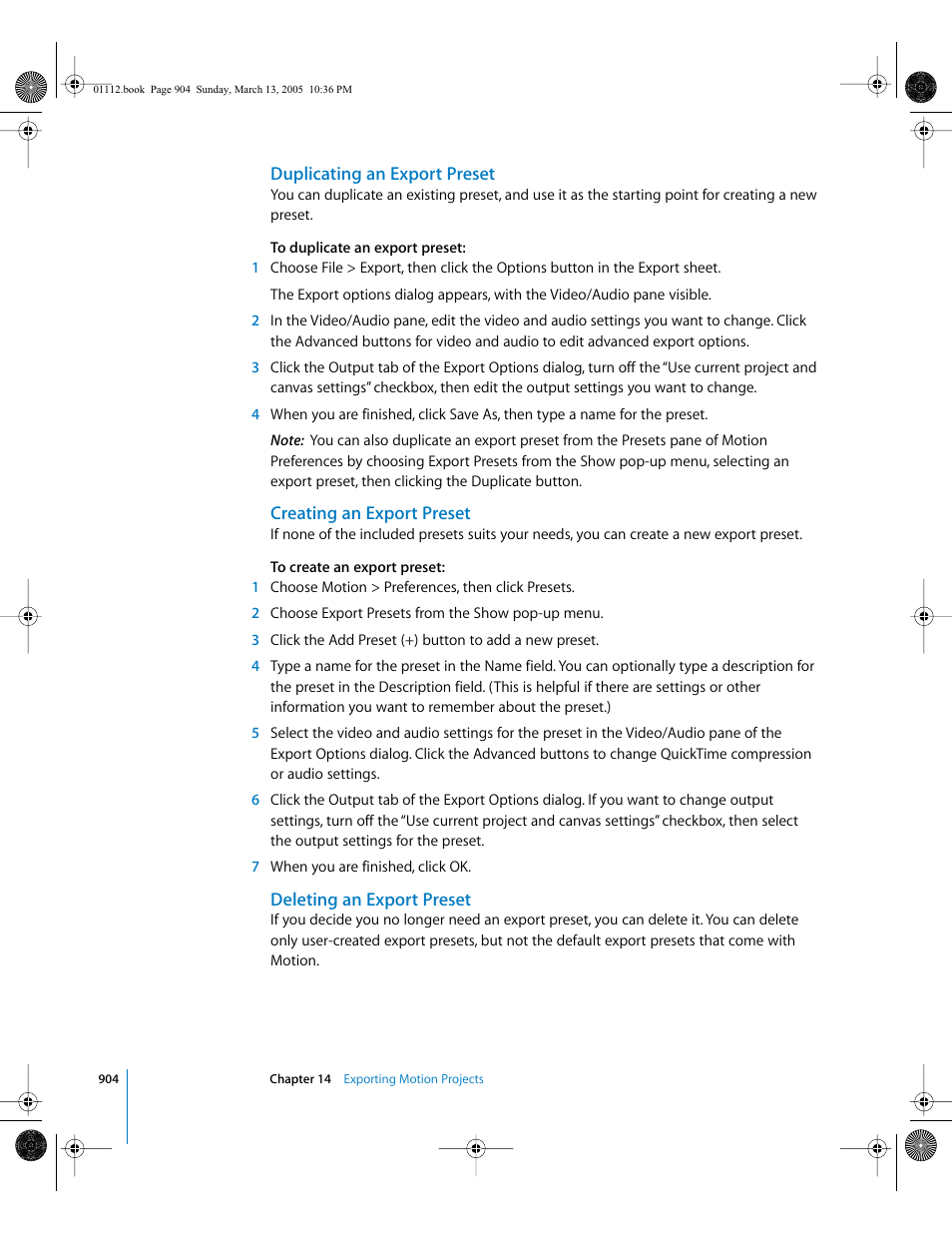 Duplicating an export preset, Creating an export preset, Deleting an export preset | Apple Motion 2 User Manual | Page 904 / 999