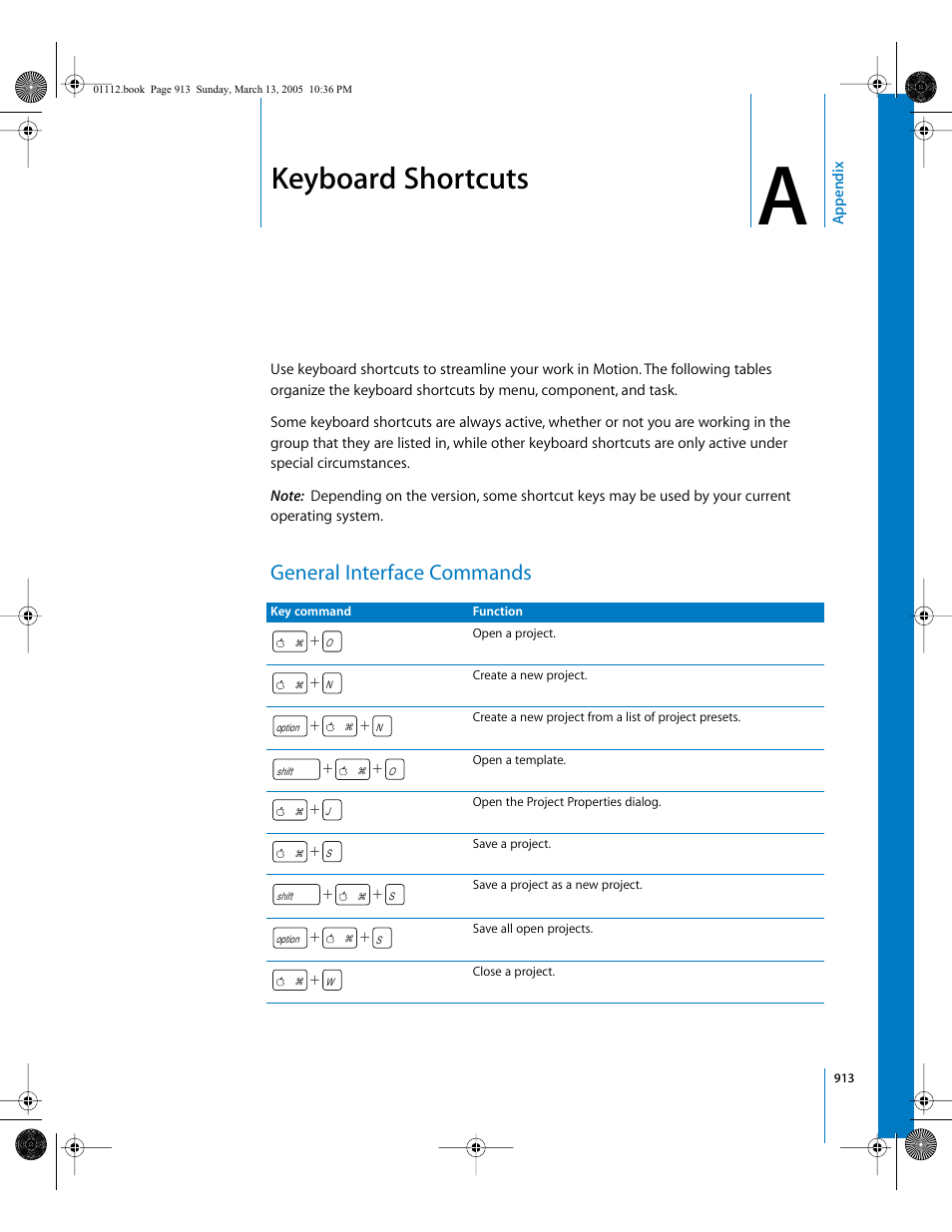 Keyboard shortcuts, General interface commands, Appendix | Apple Motion 2 User Manual | Page 913 / 999