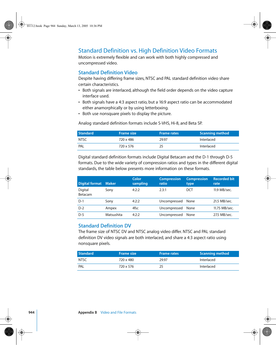 Standard definition video, Standard definition dv | Apple Motion 2 User Manual | Page 944 / 999