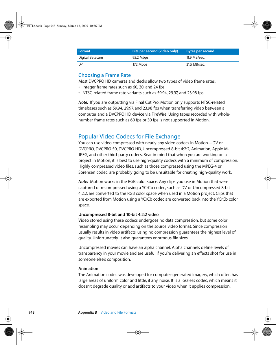 Choosing a frame rate, Popular video codecs for file exchange | Apple Motion 2 User Manual | Page 948 / 999