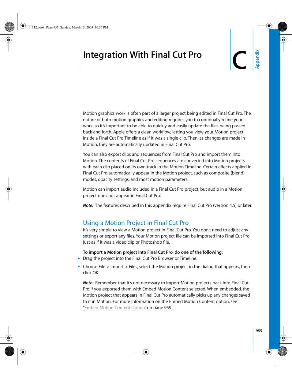 Integration with final cut pro, Using a motion project in final cut pro, Appendix | Apple Motion 2 User Manual | Page 955 / 999
