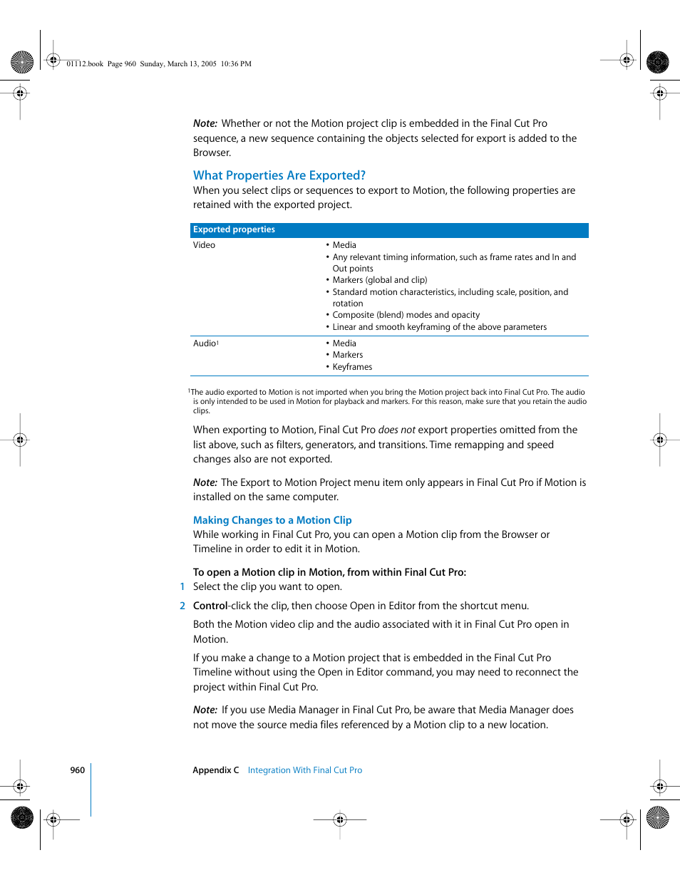 What properties are exported, Making changes to a motion clip | Apple Motion 2 User Manual | Page 960 / 999