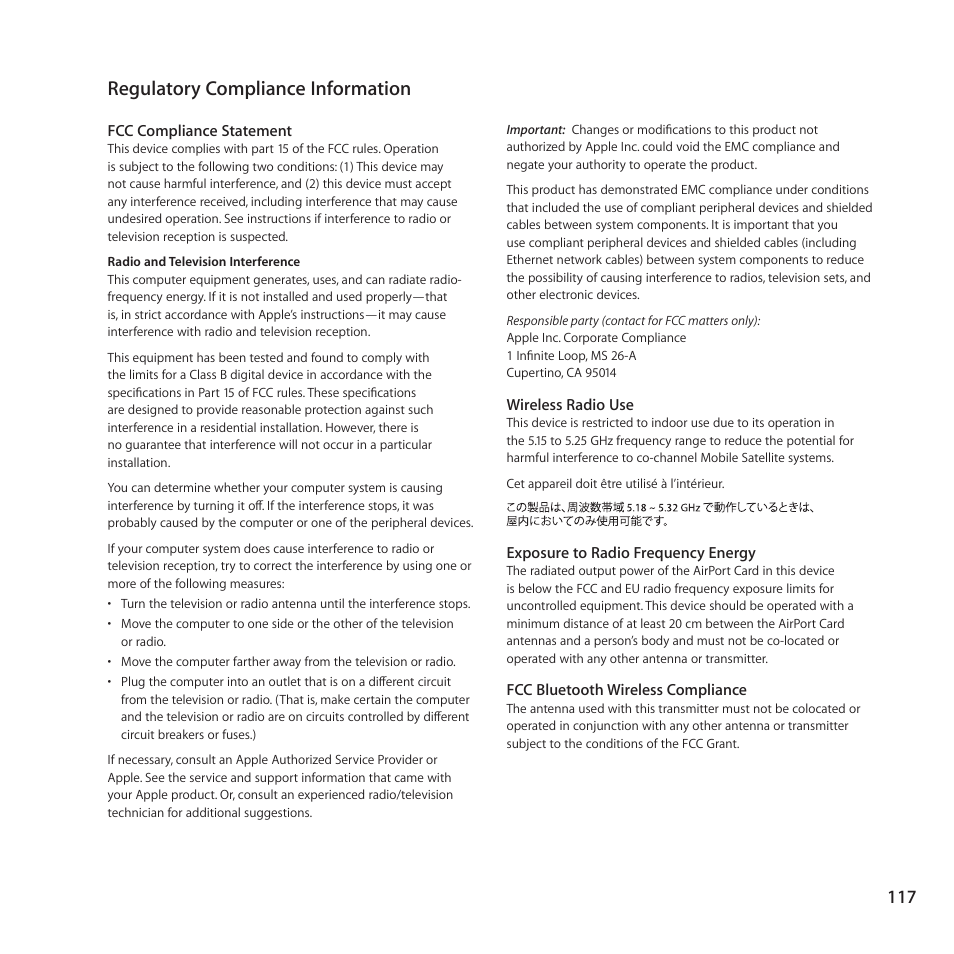 Regulatory compliance information, 117 regulatory compliance information | Apple Mac Pro Server (Mid 2010) User Manual | Page 117 / 128