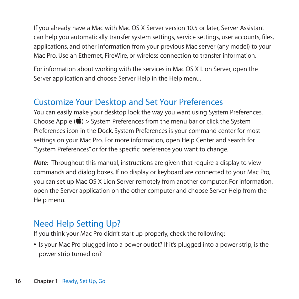 Customize your desktop and set your preferences, Need help setting up | Apple Mac Pro Server (Mid 2010) User Manual | Page 16 / 128