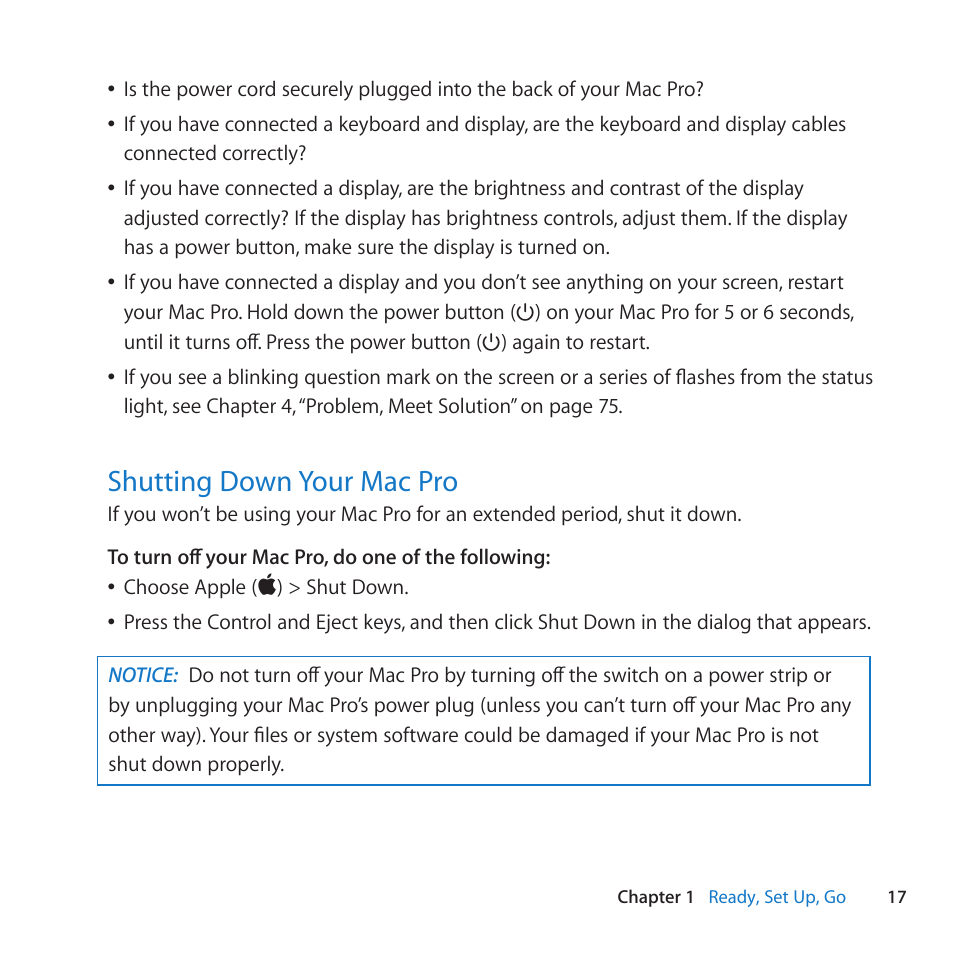 Shutting down your mac pro, 17 shutting down your mac pro | Apple Mac Pro Server (Mid 2010) User Manual | Page 17 / 128