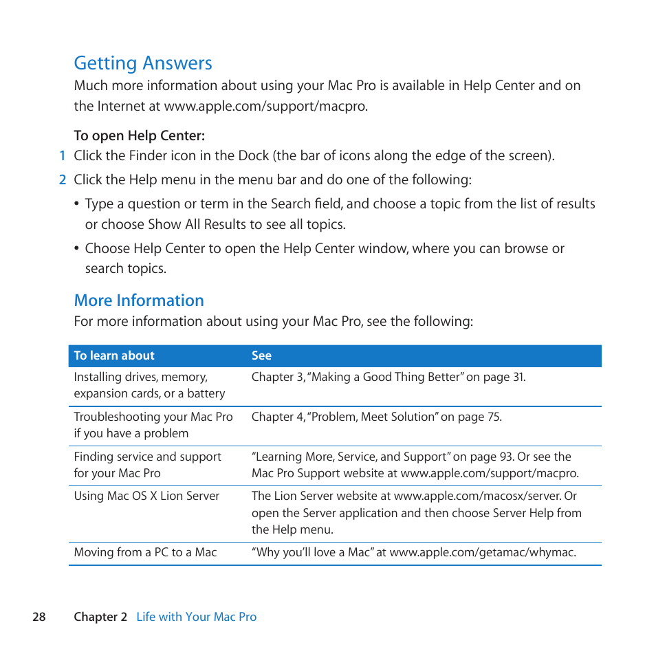 Getting answers, 28 getting answers, More information | Apple Mac Pro Server (Mid 2010) User Manual | Page 28 / 128