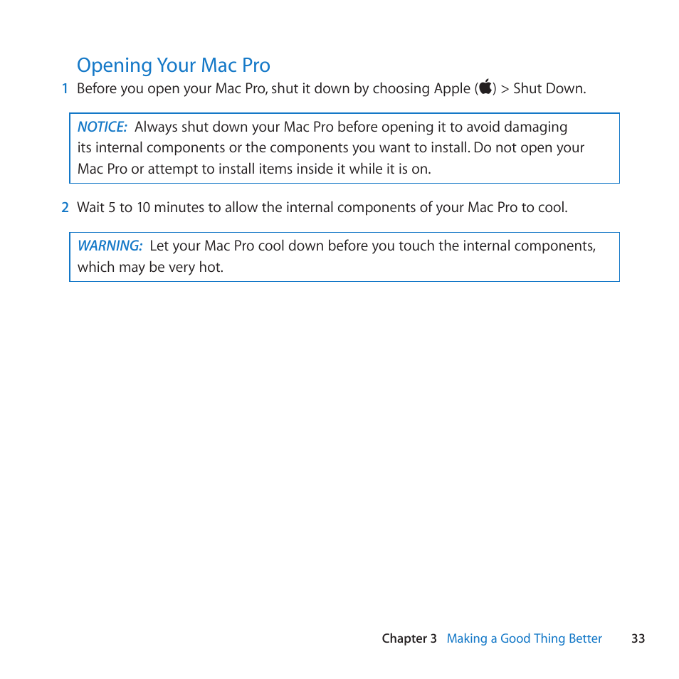 Opening your mac pro, 33 opening your mac pro | Apple Mac Pro Server (Mid 2010) User Manual | Page 33 / 128