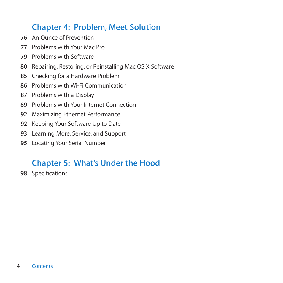 Chapter 4: problem, meet solution, Chapter 5: what’s under the hood | Apple Mac Pro Server (Mid 2010) User Manual | Page 4 / 128