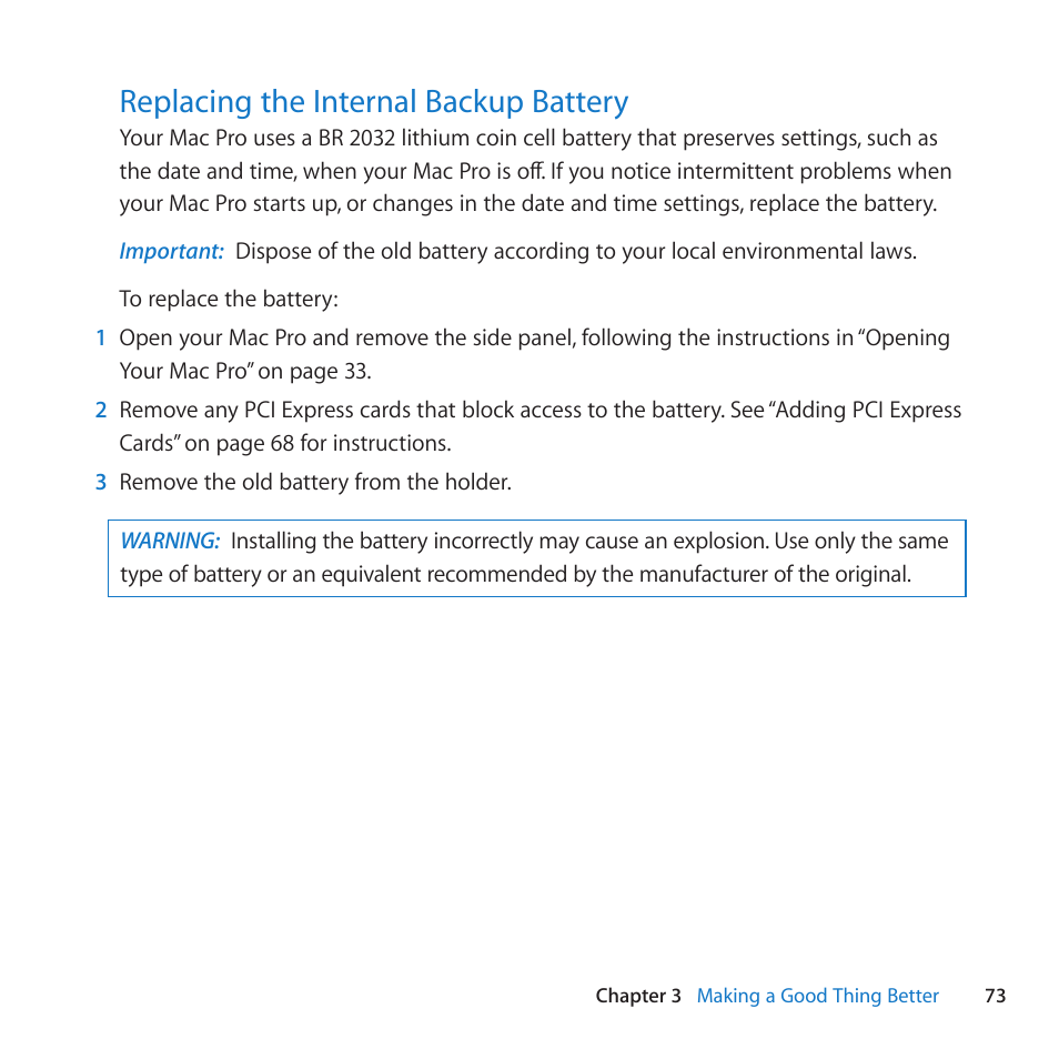 Replacing the internal backup battery, 73 replacing the internal backup battery | Apple Mac Pro Server (Mid 2010) User Manual | Page 73 / 128