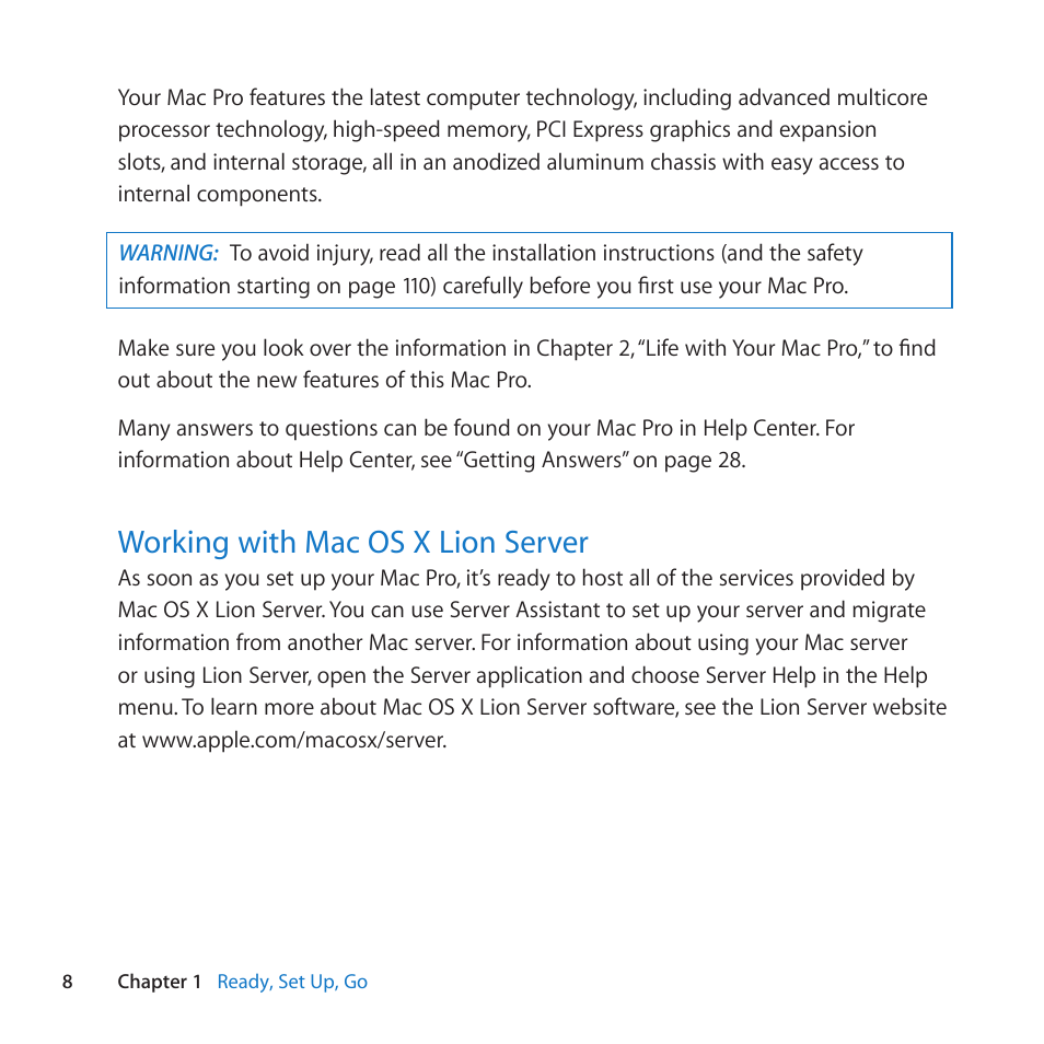 Working with mac os x lion server, 8 working with mac os x lion server | Apple Mac Pro Server (Mid 2010) User Manual | Page 8 / 128