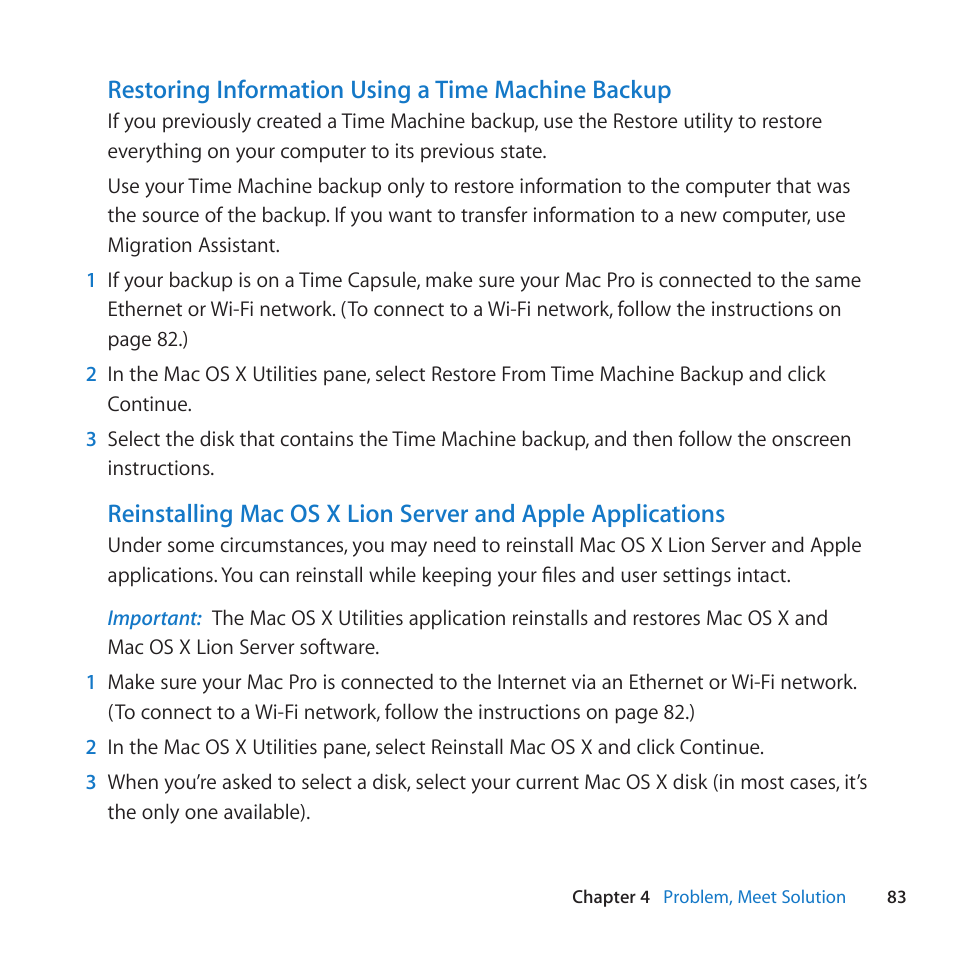 Restoring information using a time machine backup | Apple Mac Pro Server (Mid 2010) User Manual | Page 83 / 128