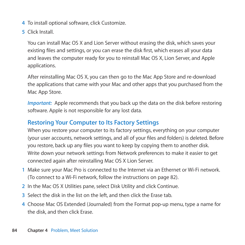 Restoring your computer to its factory settings | Apple Mac Pro Server (Mid 2010) User Manual | Page 84 / 128