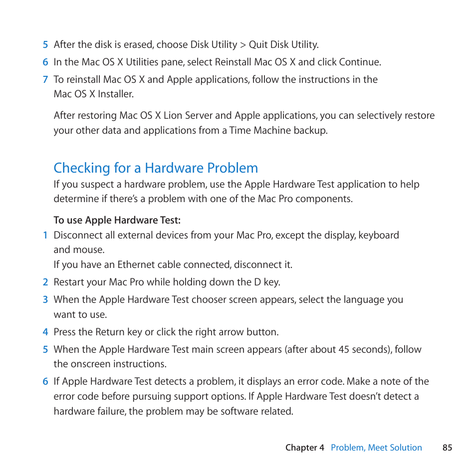 Checking for a hardware problem, 85 checking for a hardware problem | Apple Mac Pro Server (Mid 2010) User Manual | Page 85 / 128