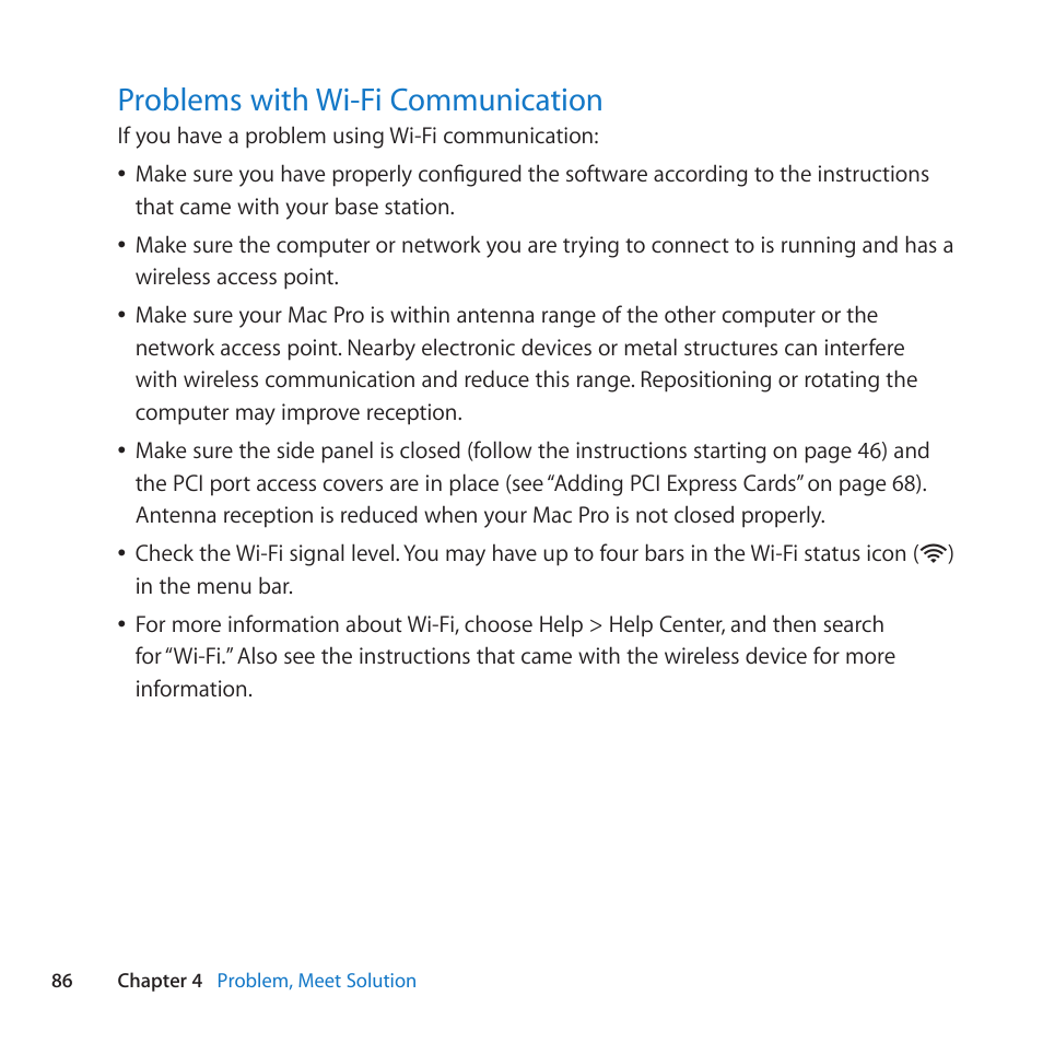 Problems with wi-fi communication, 86 problems with wi-fi communication | Apple Mac Pro Server (Mid 2010) User Manual | Page 86 / 128