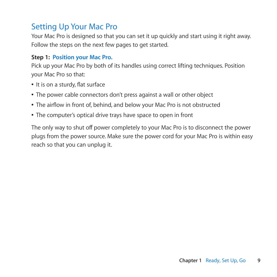 Setting up your mac pro, 9 setting up your mac pro | Apple Mac Pro Server (Mid 2010) User Manual | Page 9 / 128