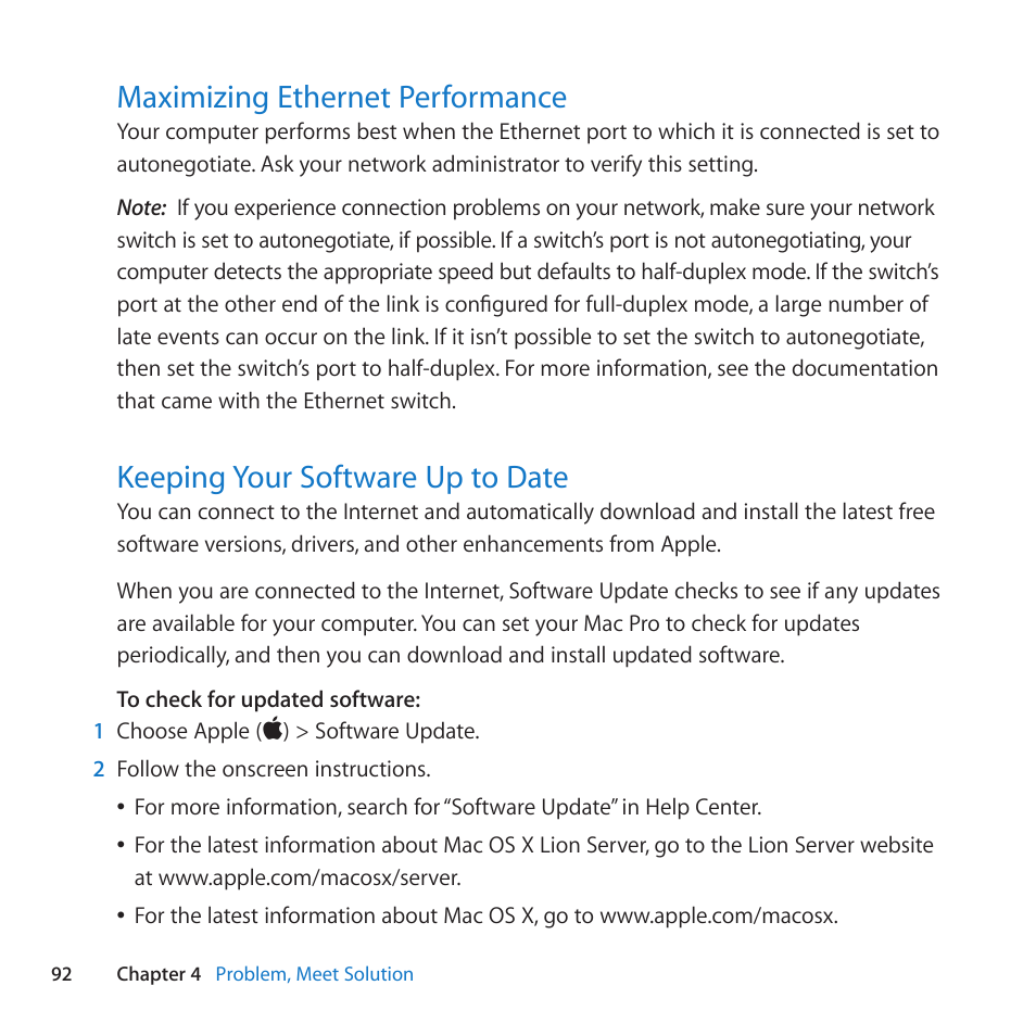 Maximizing ethernet performance, Keeping your software up to date | Apple Mac Pro Server (Mid 2010) User Manual | Page 92 / 128