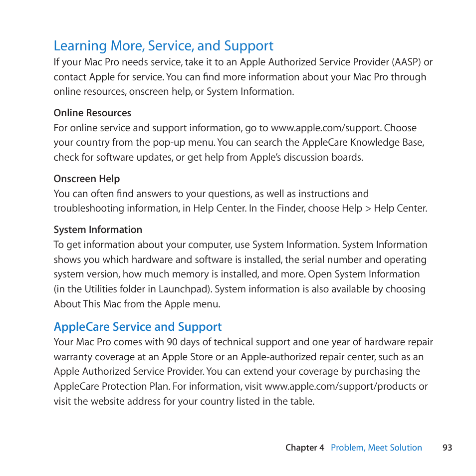 Learning more, service, and support, 93 learning more, service, and support, Applecare service and support | Apple Mac Pro Server (Mid 2010) User Manual | Page 93 / 128