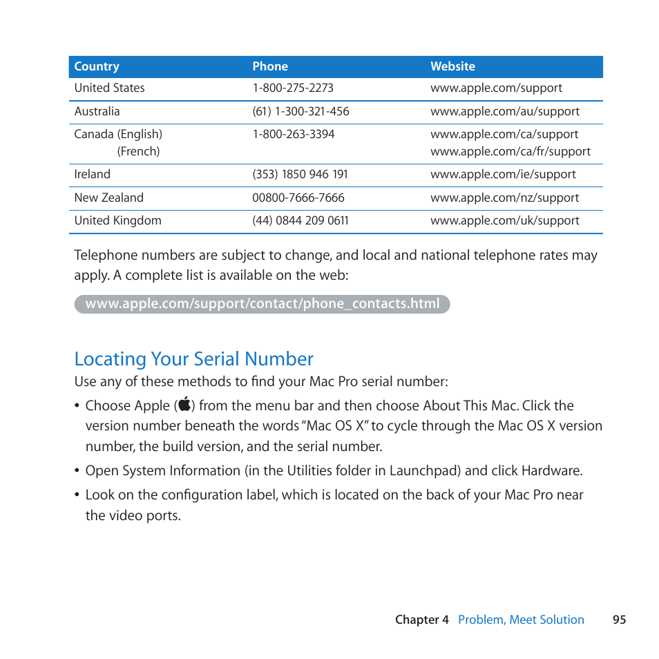 Locating your serial number, 95 locating your serial number | Apple Mac Pro Server (Mid 2010) User Manual | Page 95 / 128