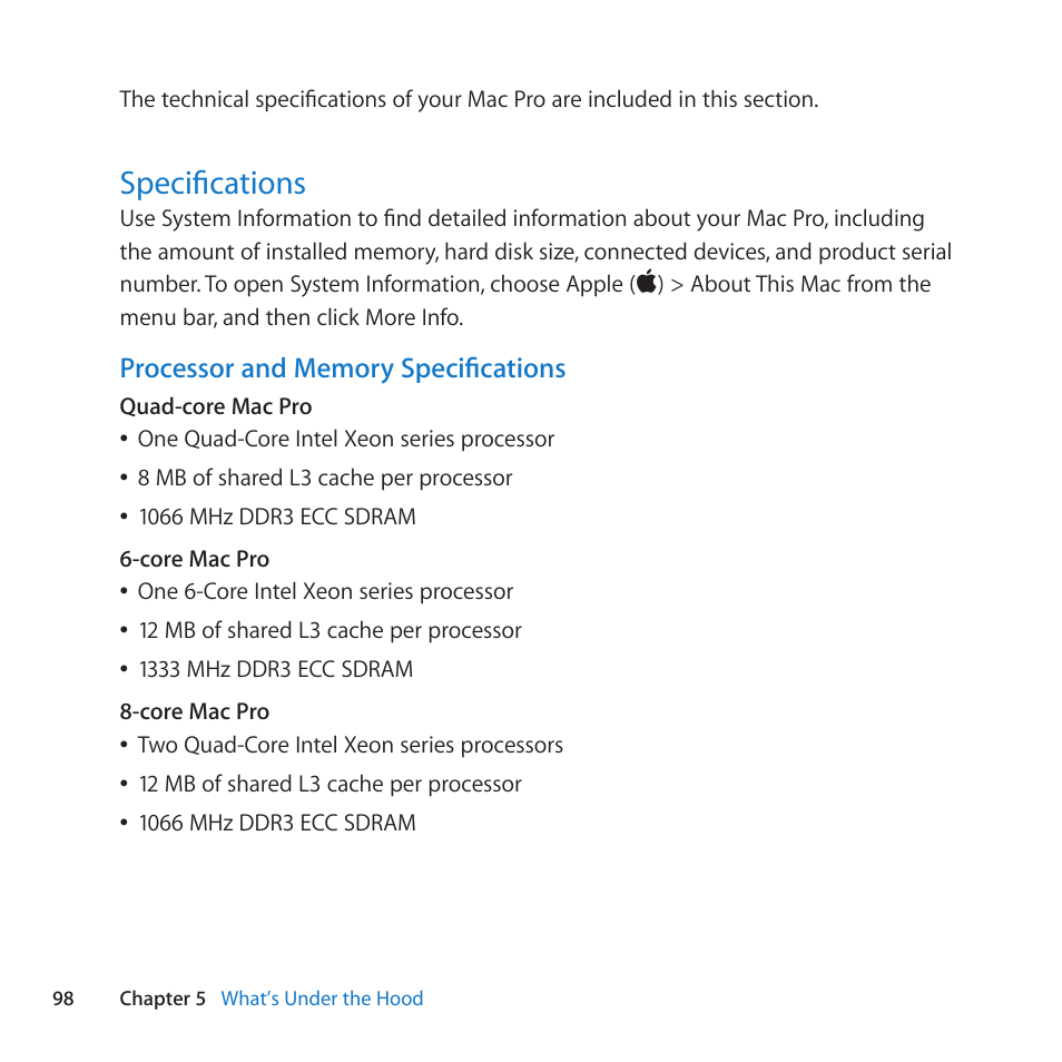 Specifications, 98 specifications | Apple Mac Pro Server (Mid 2010) User Manual | Page 98 / 128