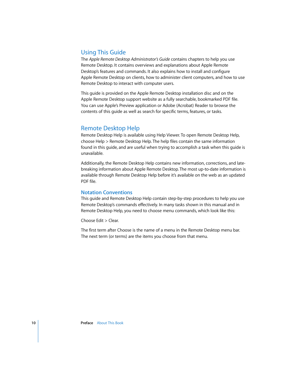 Using this guide, Remote desktop help, Notation conventions | Apple Remote Desktop User Manual | Page 10 / 203
