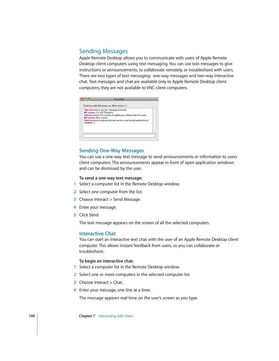 Sending messages, Sending one-way messages, Interactive chat | Apple Remote Desktop User Manual | Page 100 / 203