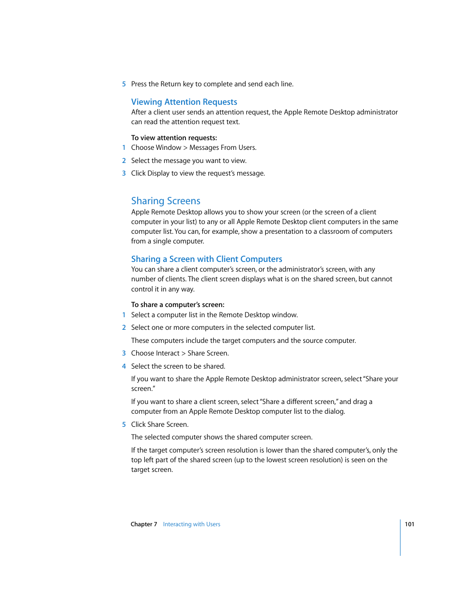 Viewing attention requests, Sharing screens, Sharing a screen with client computers | Apple Remote Desktop User Manual | Page 101 / 203