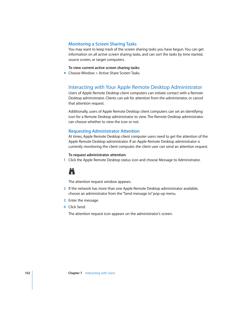 Monitoring a screen sharing tasks, Requesting administrator attention | Apple Remote Desktop User Manual | Page 102 / 203